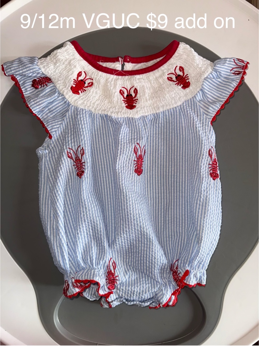 Blue & White Seersucker Baby Romper with Red Lobster Embroidery with Smock